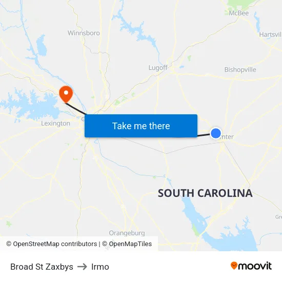 Broad St Zaxbys to Irmo map