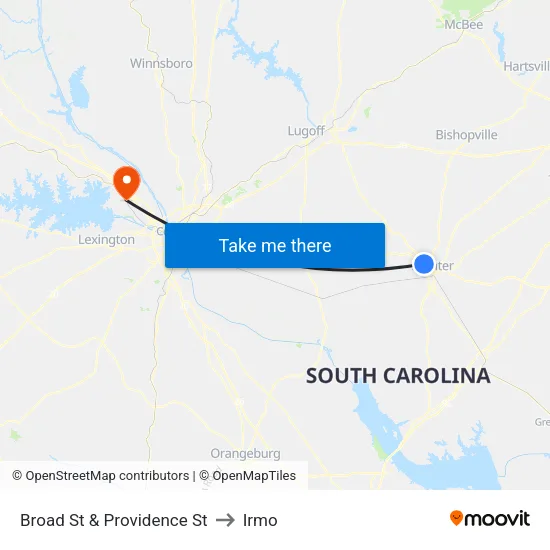 Broad St & Providence St to Irmo map
