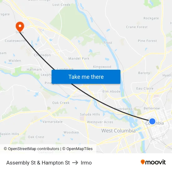 Assembly St & Hampton St to Irmo map