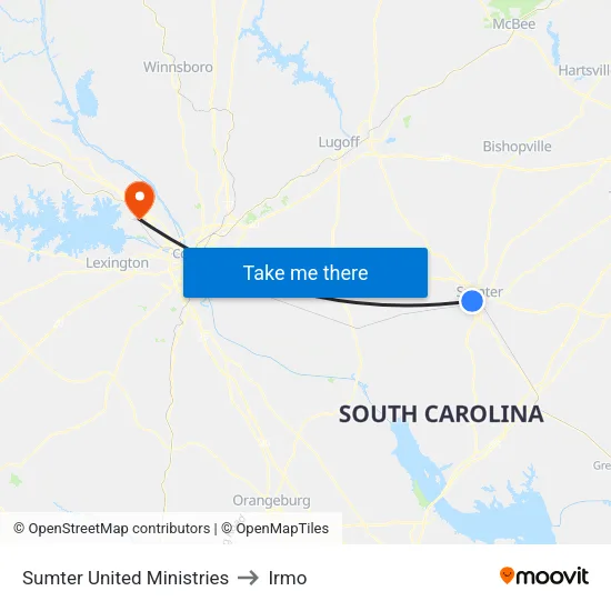 Sumter United Ministries to Irmo map