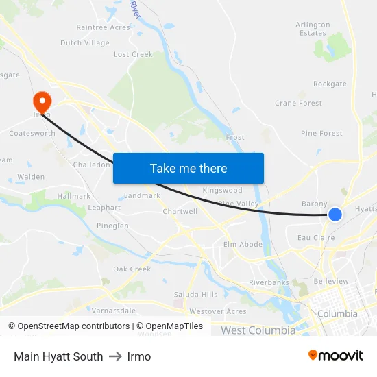 Main Hyatt South to Irmo map