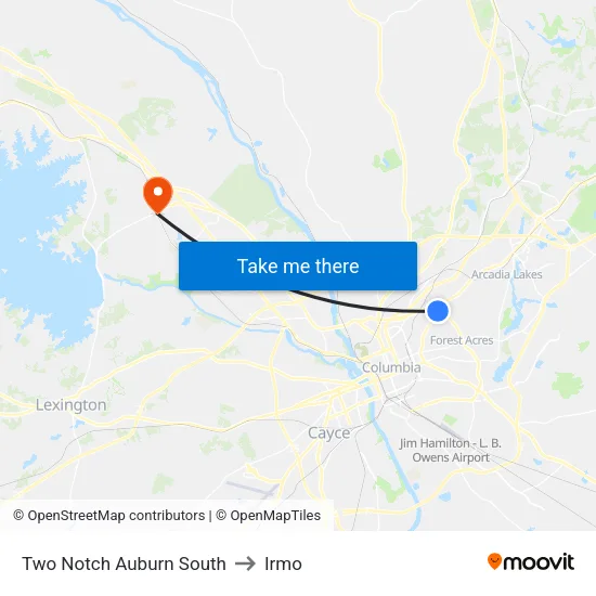 Two Notch Auburn South to Irmo map