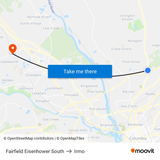 Fairfield Eisenhower South to Irmo map