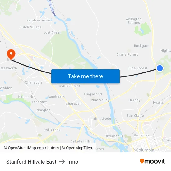 Stanford Hillvale East to Irmo map