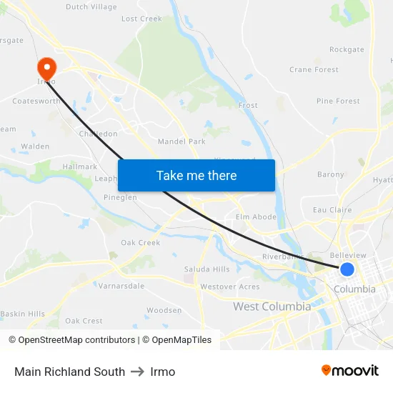 Main Richland South to Irmo map