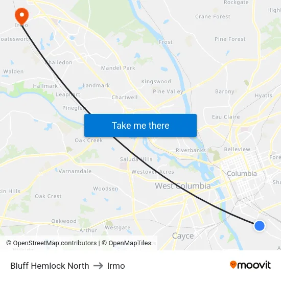 Bluff Hemlock North to Irmo map