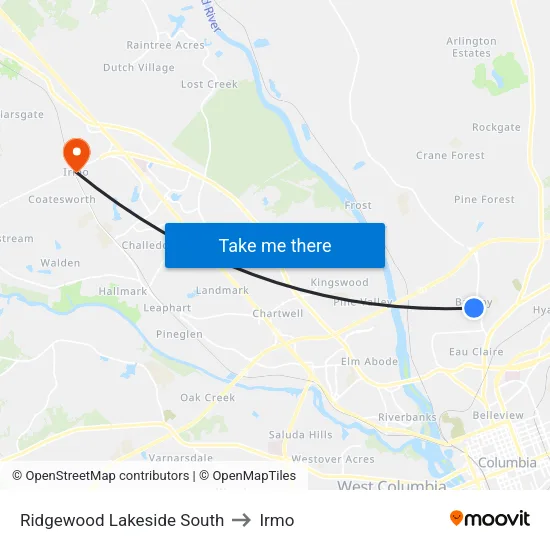 Ridgewood Lakeside South to Irmo map