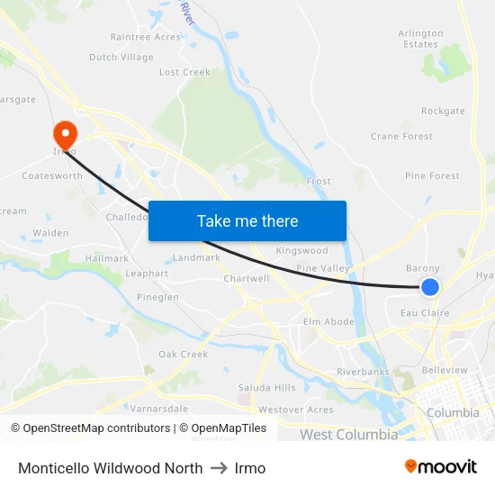Monticello Wildwood North to Irmo map