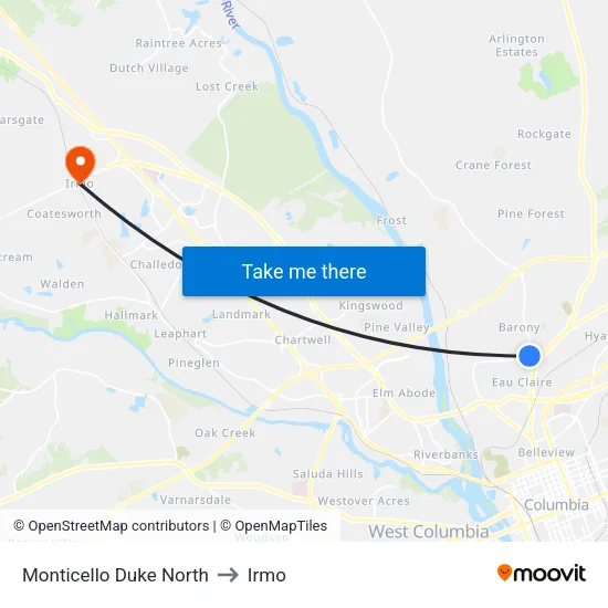 Monticello Duke North to Irmo map