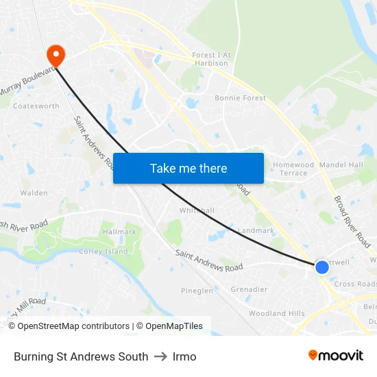 Burning St Andrews South to Irmo map