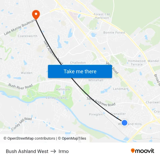 Bush Ashland West to Irmo map