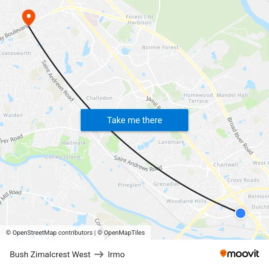 Bush Zimalcrest West to Irmo map