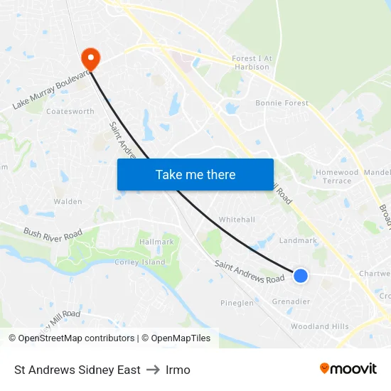 St Andrews Sidney East to Irmo map