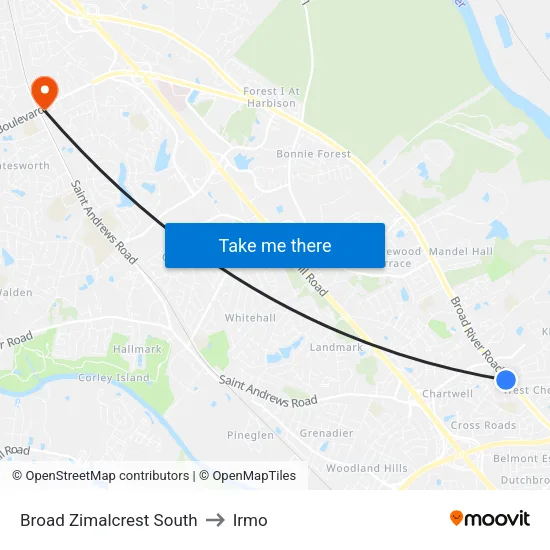 Broad Zimalcrest South to Irmo map