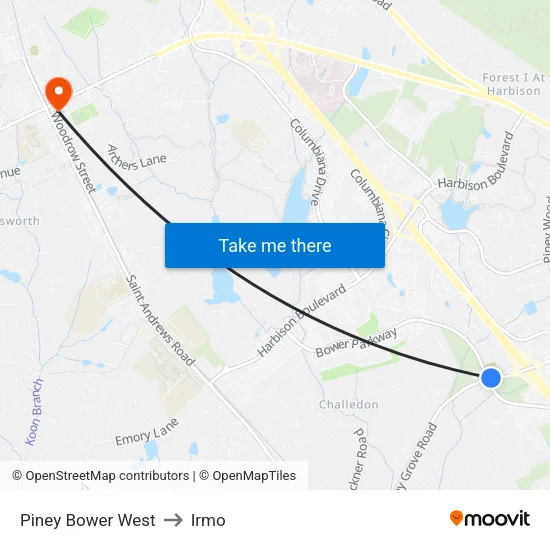 Piney Bower West to Irmo map