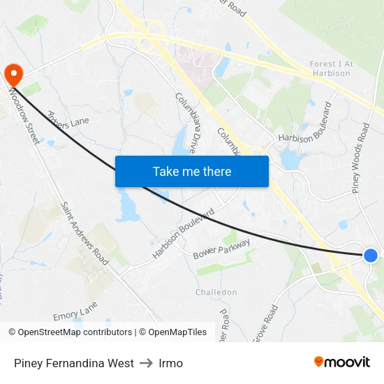 Piney Fernandina West to Irmo map