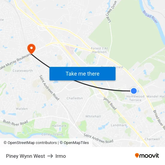 Piney Wynn West to Irmo map
