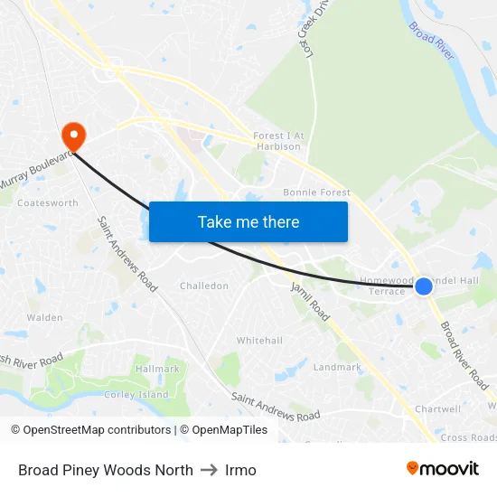 Broad Piney Woods North to Irmo map