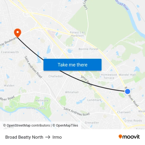 Broad Beatty North to Irmo map