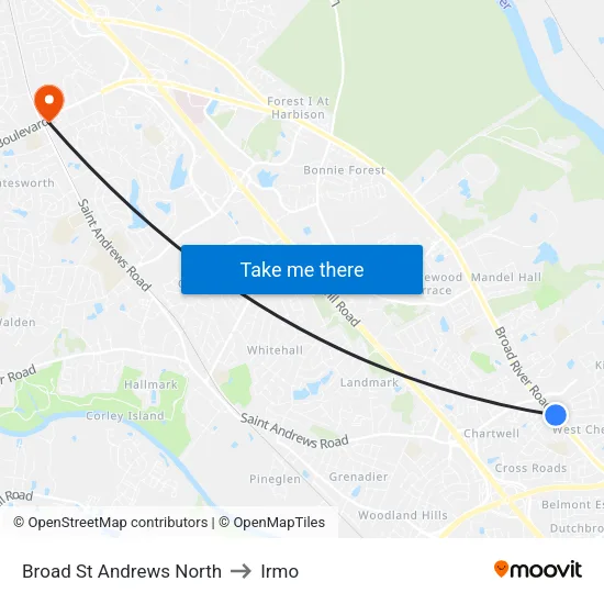 Broad St Andrews North to Irmo map