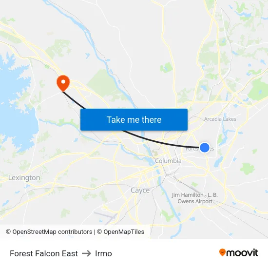 Forest Falcon East to Irmo map