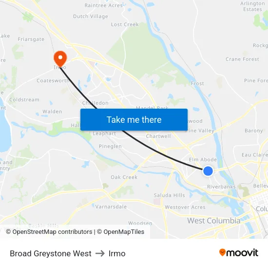 Broad Greystone West to Irmo map