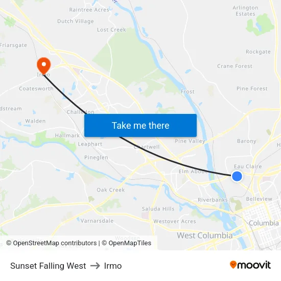 Sunset Falling West to Irmo map