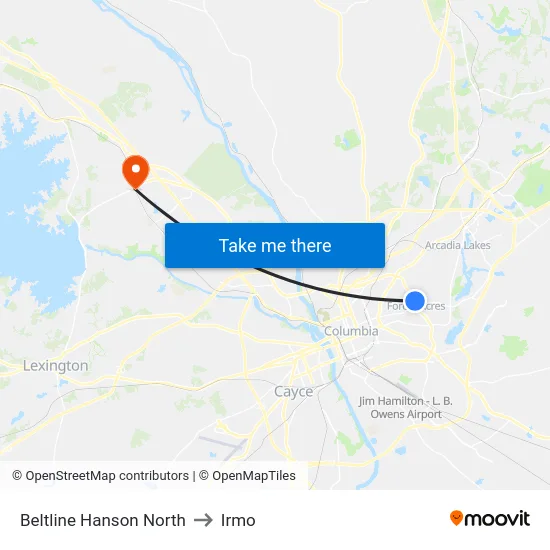 Beltline Hanson North to Irmo map