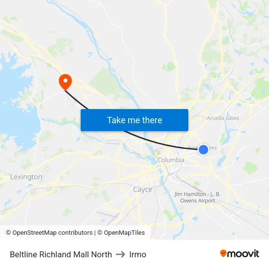 Beltline Richland Mall North to Irmo map