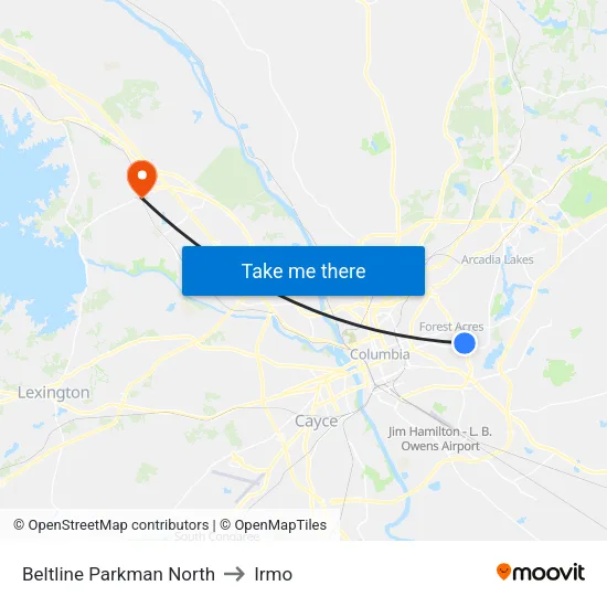 Beltline Parkman North to Irmo map