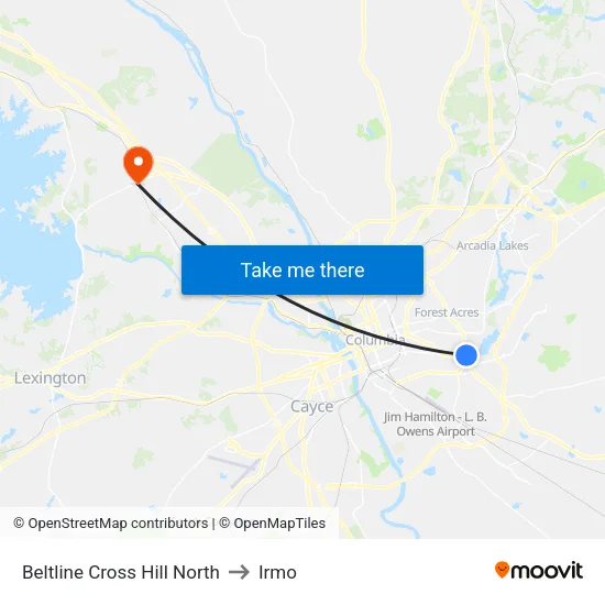 Beltline Cross Hill North to Irmo map