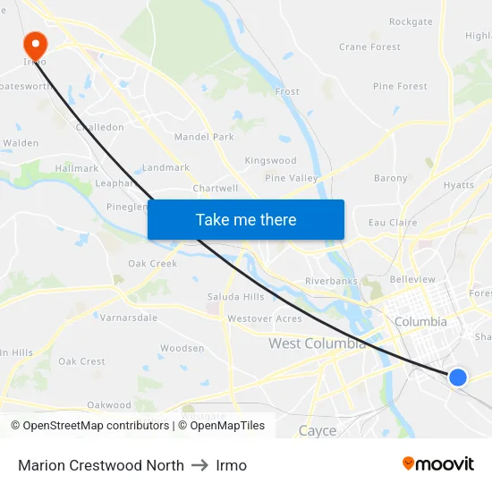 Marion Crestwood North to Irmo map