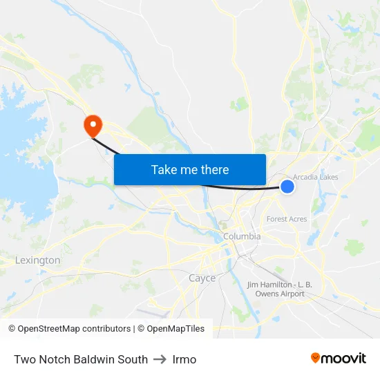 Two Notch Baldwin South to Irmo map