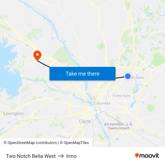 Two Notch Bella West to Irmo map