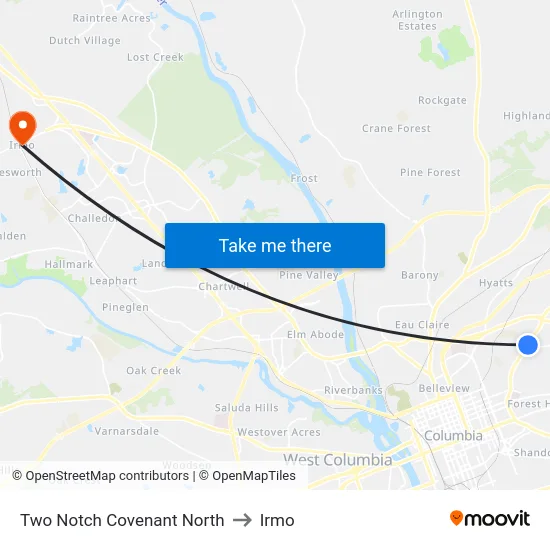 Two Notch Covenant North to Irmo map