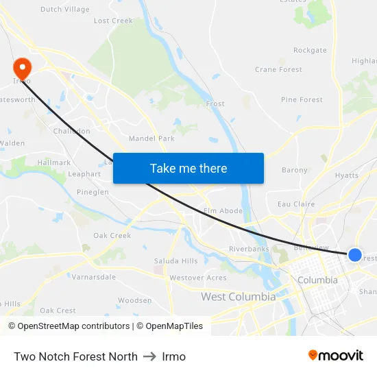 Two Notch Forest North to Irmo map