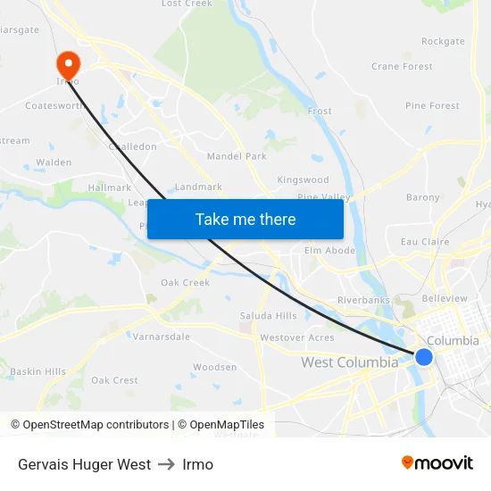 Gervais Huger West to Irmo map