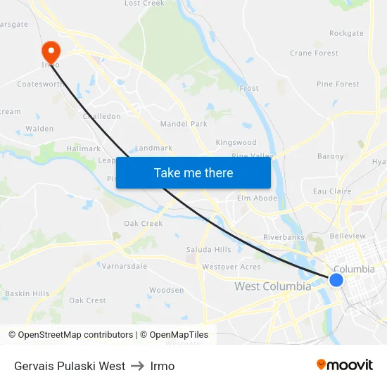 Gervais Pulaski West to Irmo map