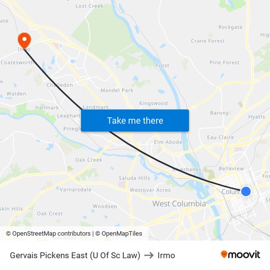 Gervais Pickens East (U Of Sc Law) to Irmo map