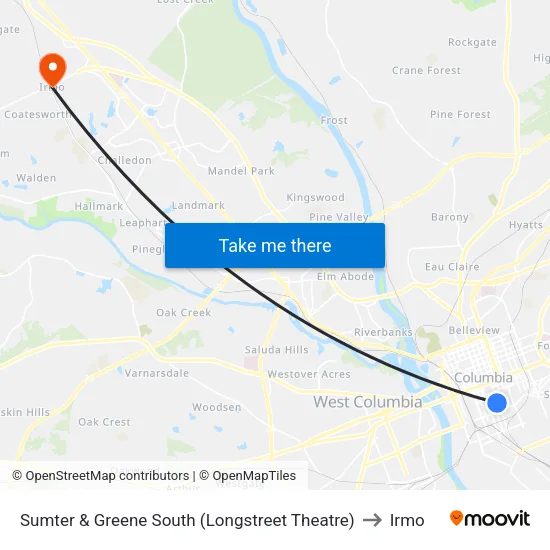 Sumter & Greene South (Longstreet Theatre) to Irmo map