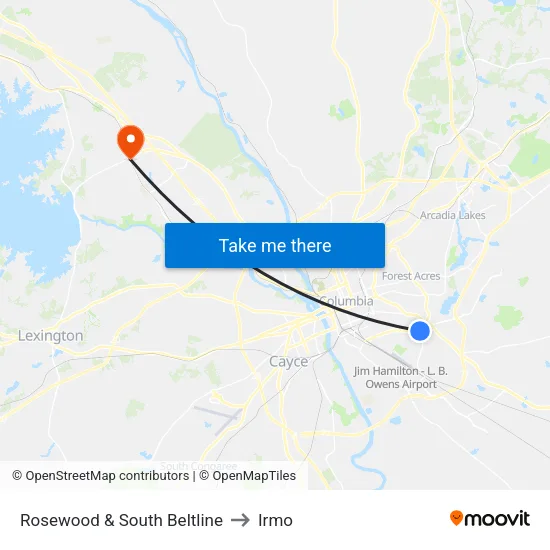 Rosewood & South Beltline to Irmo map