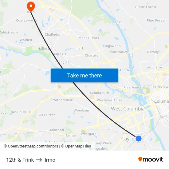 12th & Frink to Irmo map