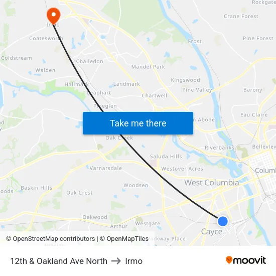 12th & Oakland Ave North to Irmo map