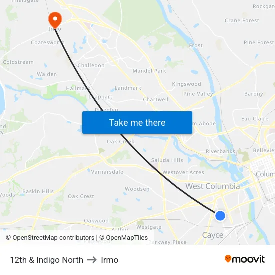 12th & Indigo North to Irmo map