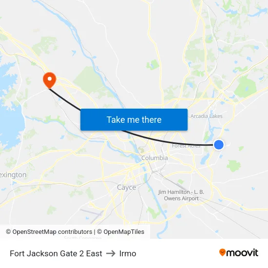 Fort Jackson Gate 2 East to Irmo map