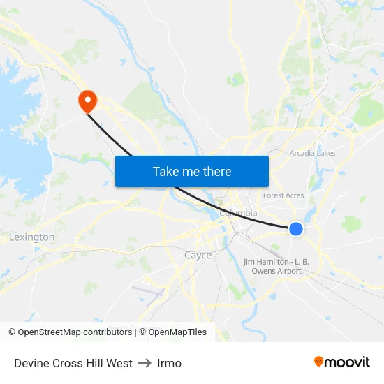 Devine Cross Hill West to Irmo map