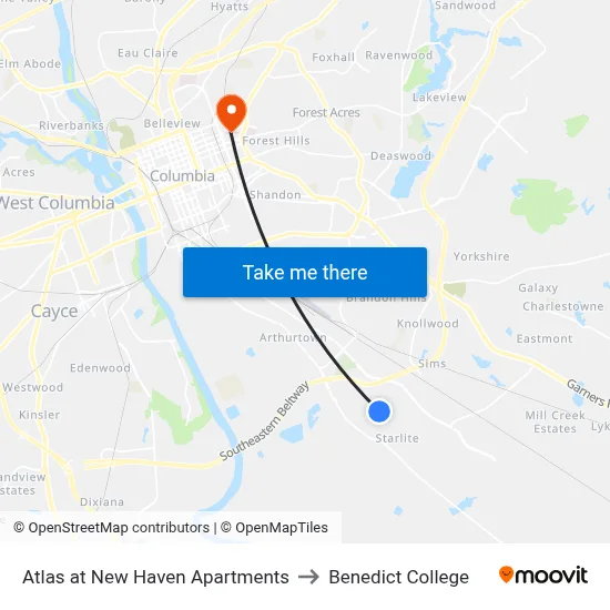 Atlas at New Haven Apartments to Benedict College map