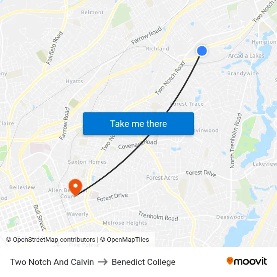 Two Notch And Calvin to Benedict College map
