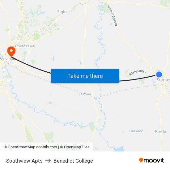 Southview Apts to Benedict College map