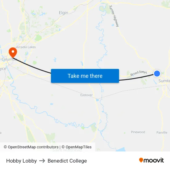 Hobby Lobby to Benedict College map
